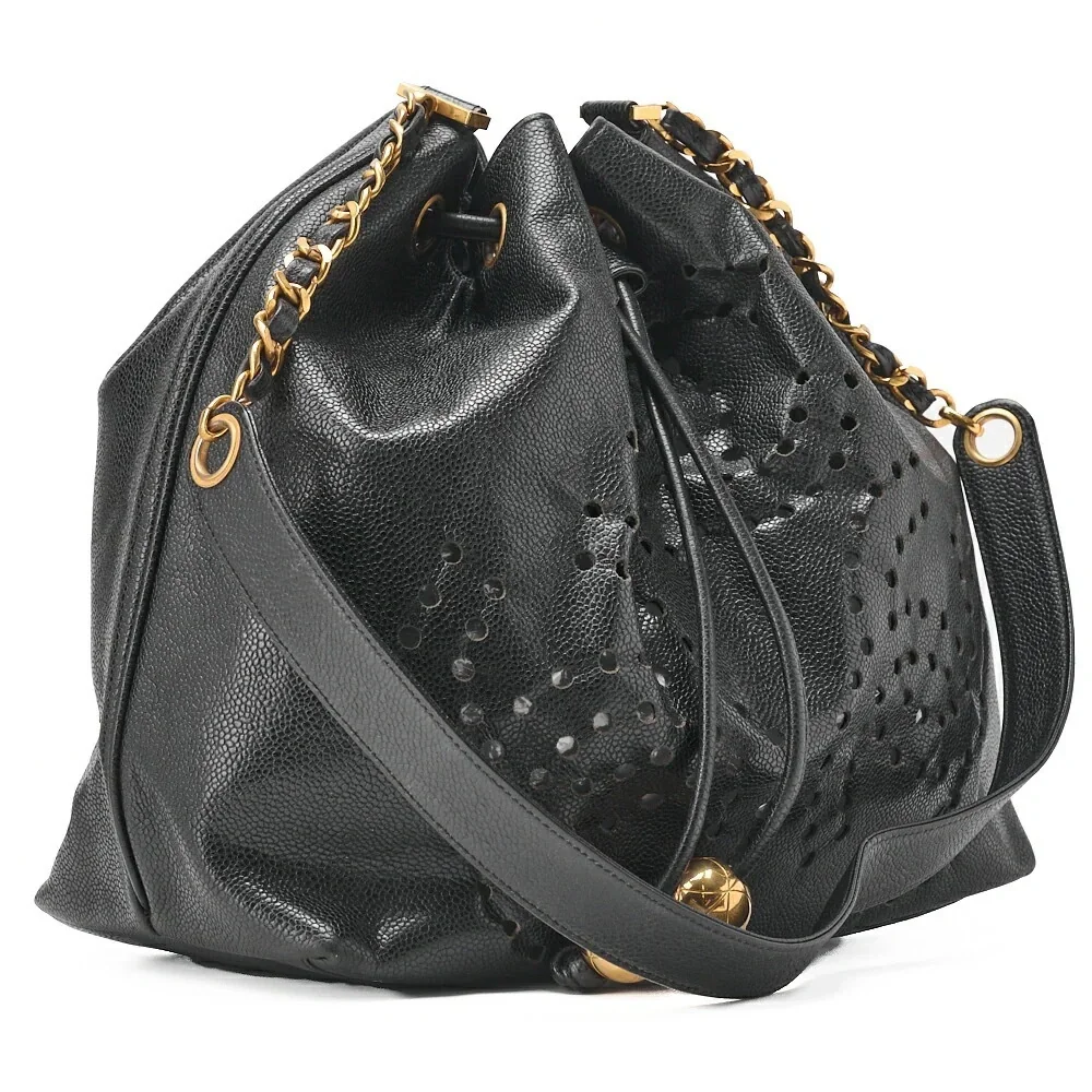 Authentic CHANEL Black caviar perforated bucket drawstring with removable pouch